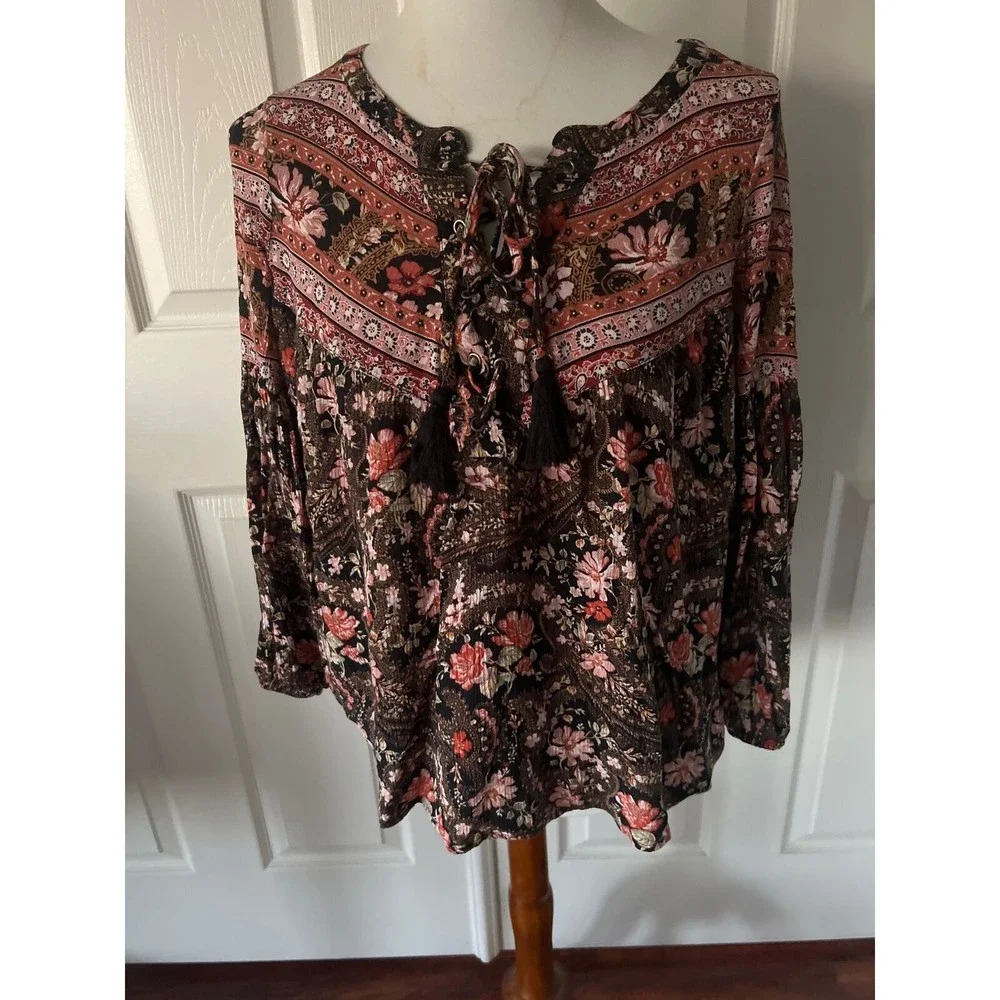 American Eagle Womens Peasant Top Small Boho Floral Corset Tie Tassels Gauze